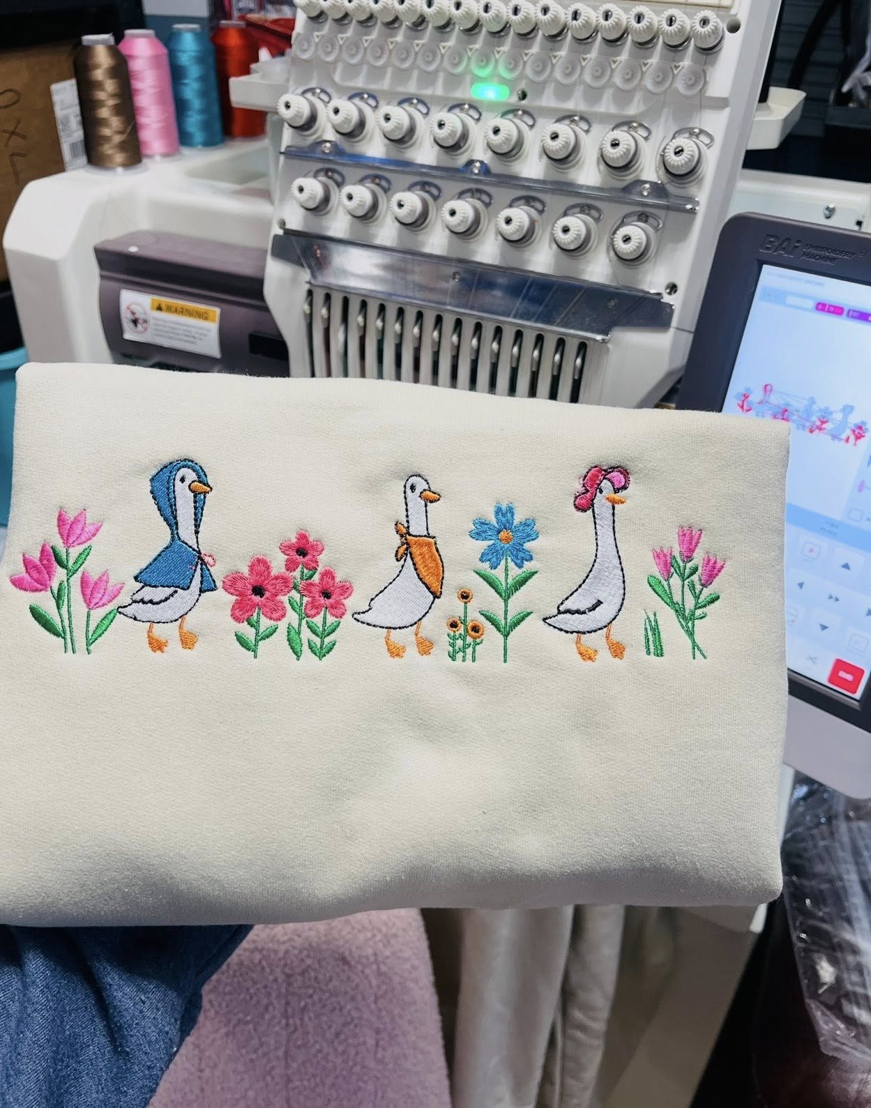Whimsical Goose Garden Embroidered Sweatshirt