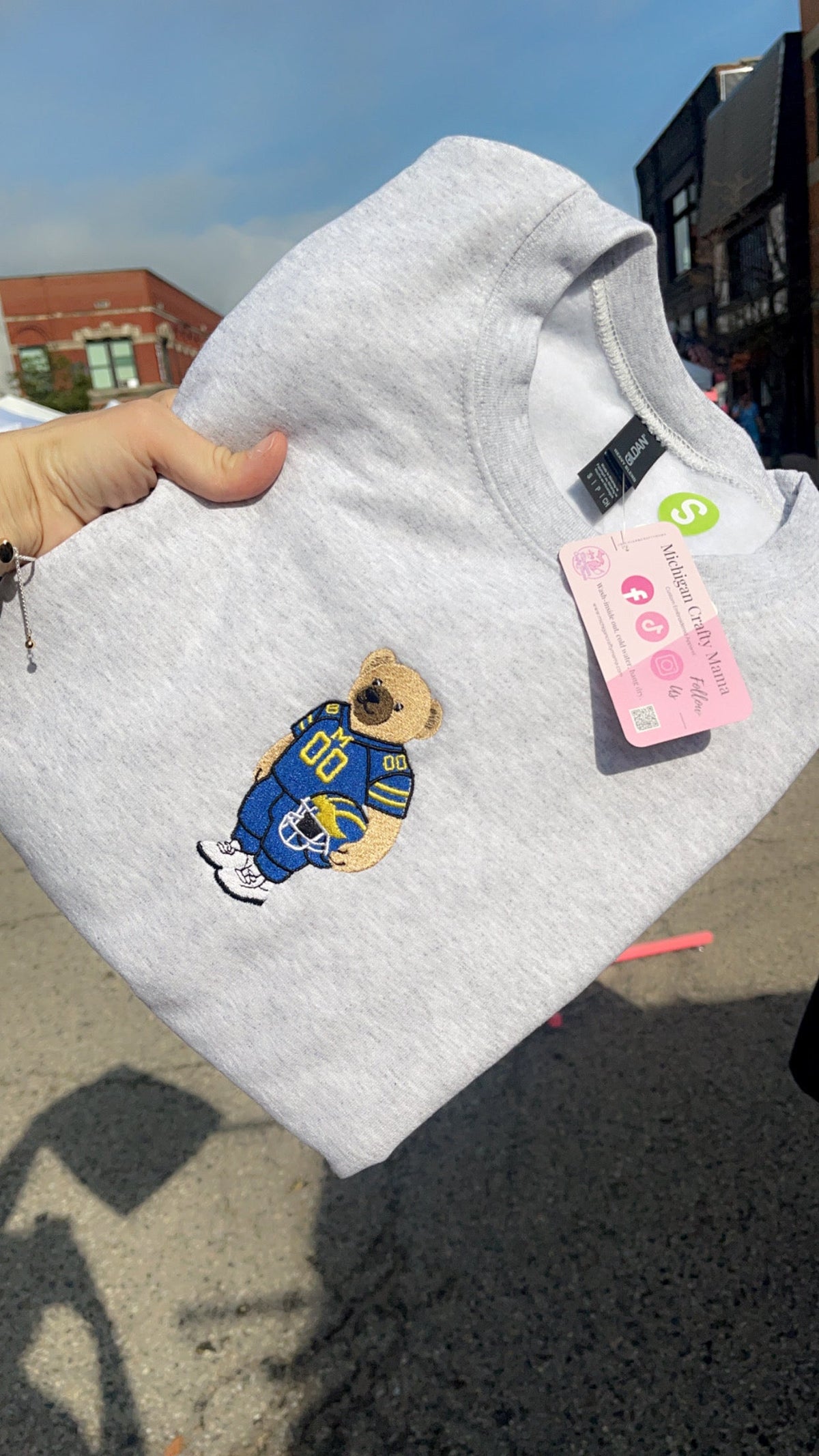 Ash gray embroidered blue and maize football teddy sweatshirt