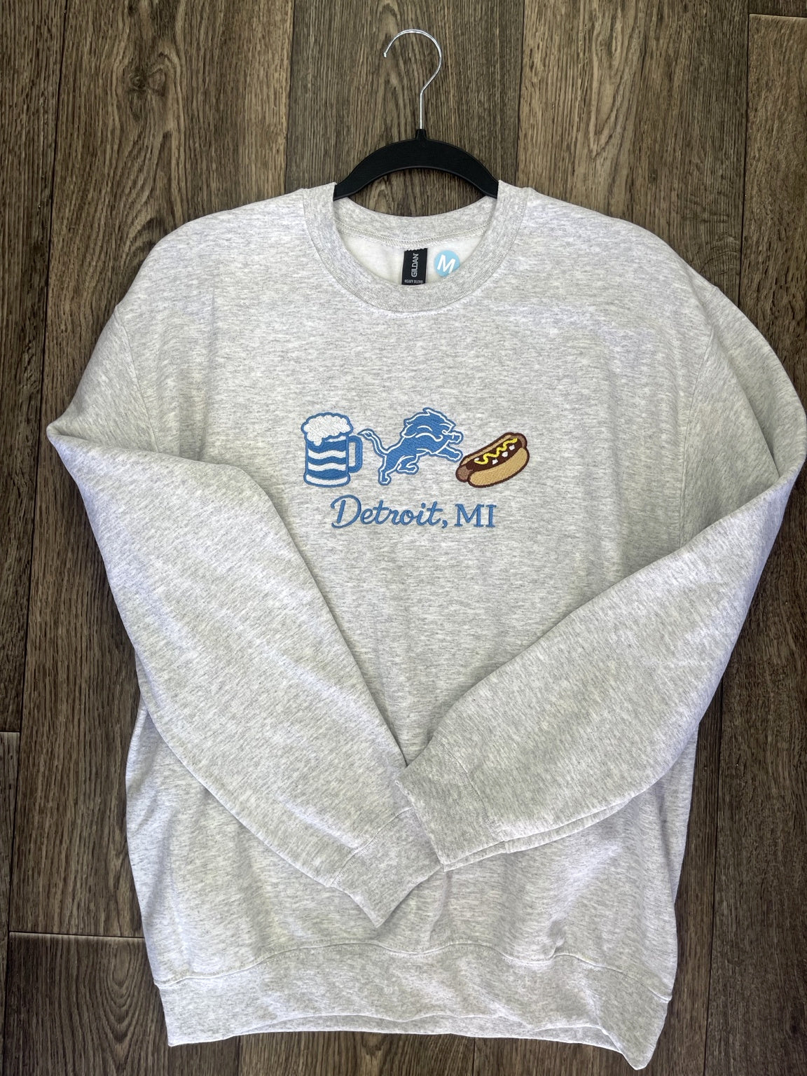 Gray Detroit-inspired embroidered sweatshirt
