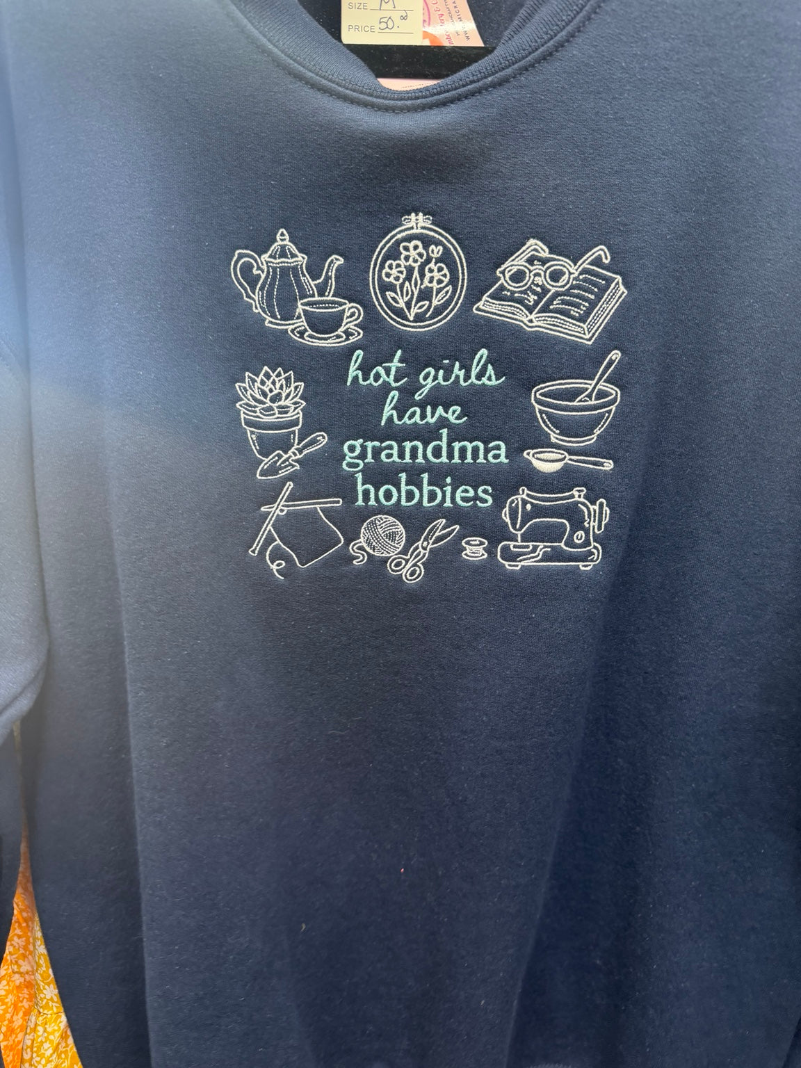 Navy blue Hot Girls Have Grandma Hobbies embroidered sweatshirt