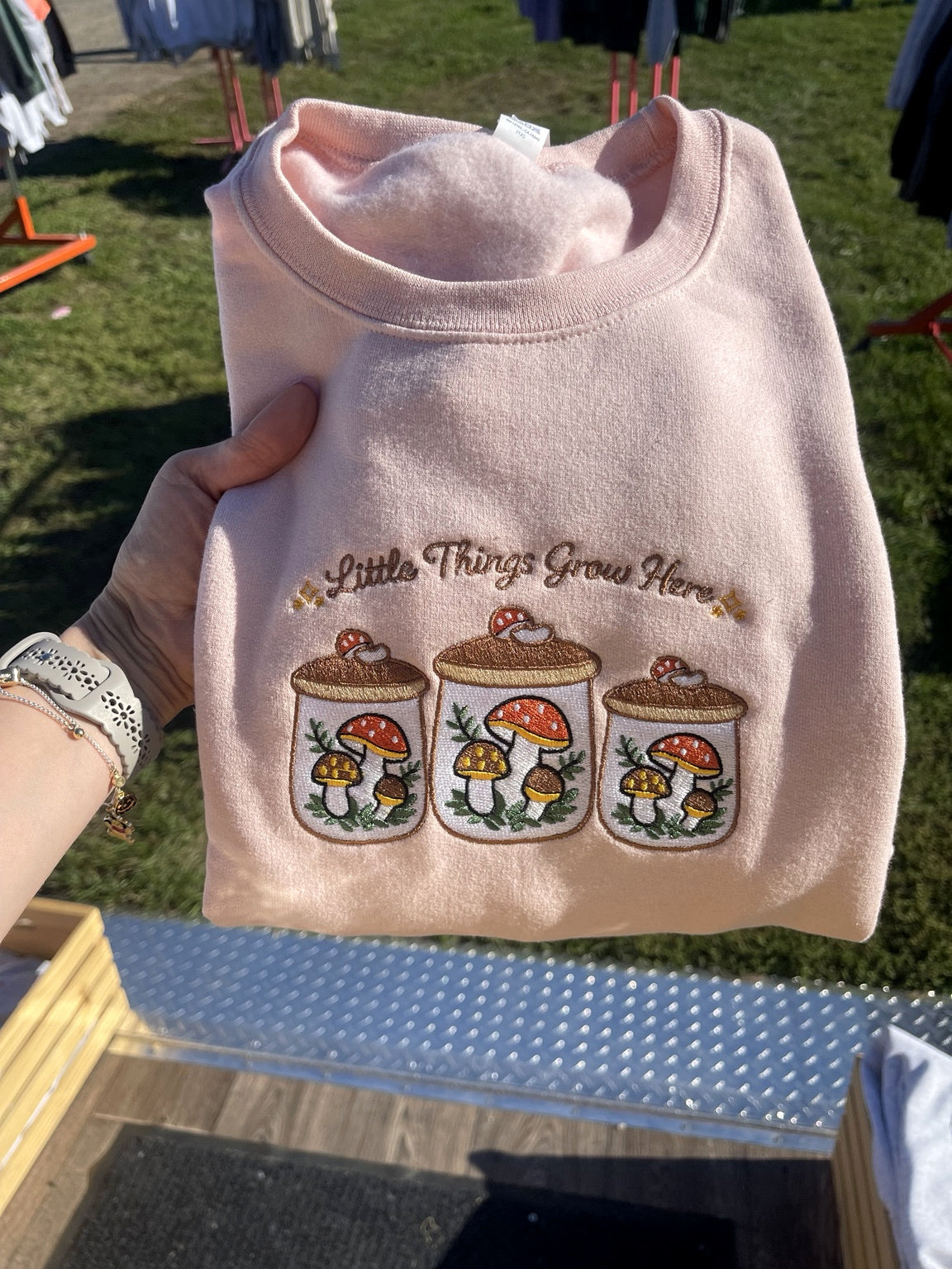 Pink Little Things Grow Here embroidered sweatshirt