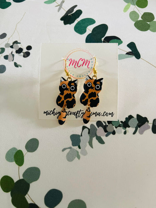 Black & Brown Cat Earrings (Tail Swings)