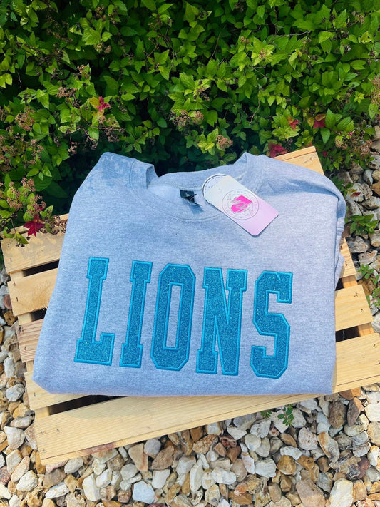 Lions Aqua Glitter Embroidered Crewneck