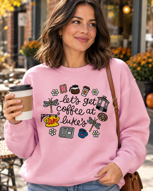Model wearing Coffee at the Diner embroidered sweatshirt