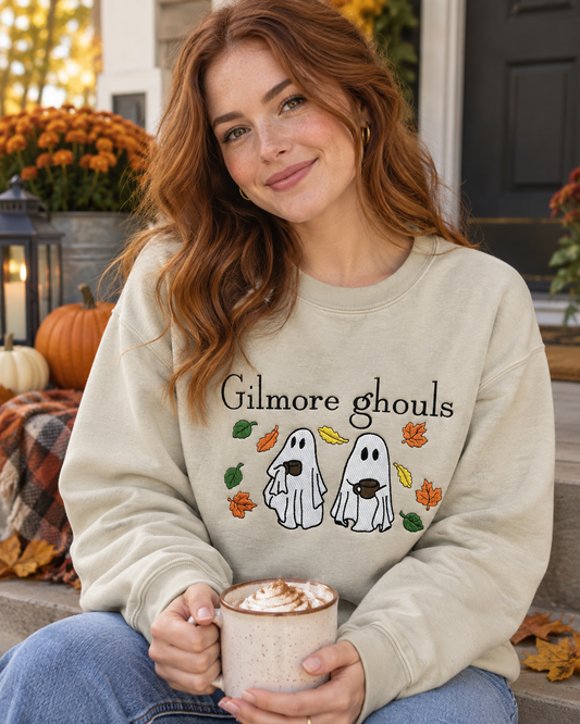 Model wearing Coffee Ghouls embroidered sweatshirt