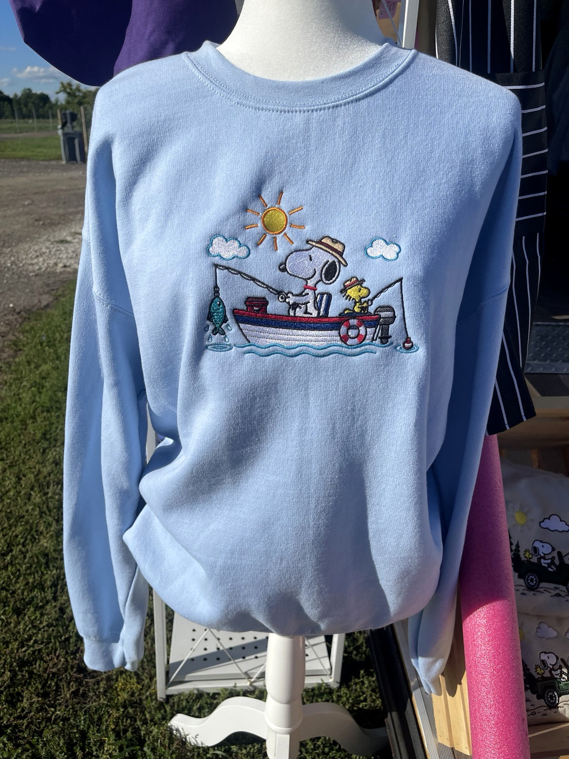 Light blue embroidered fishing dog sweatshirt