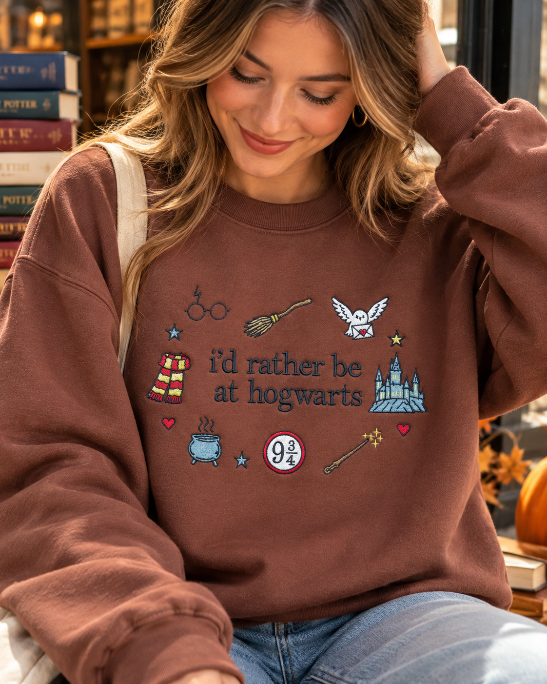 Model wearing brown Magic School embroidered sweatshirt