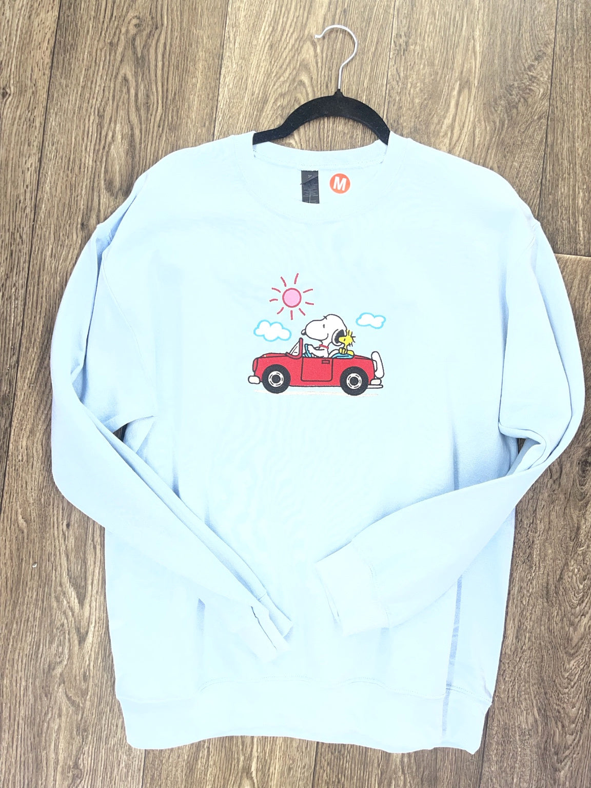 Light blue embroidered road trip dog sweatshirt