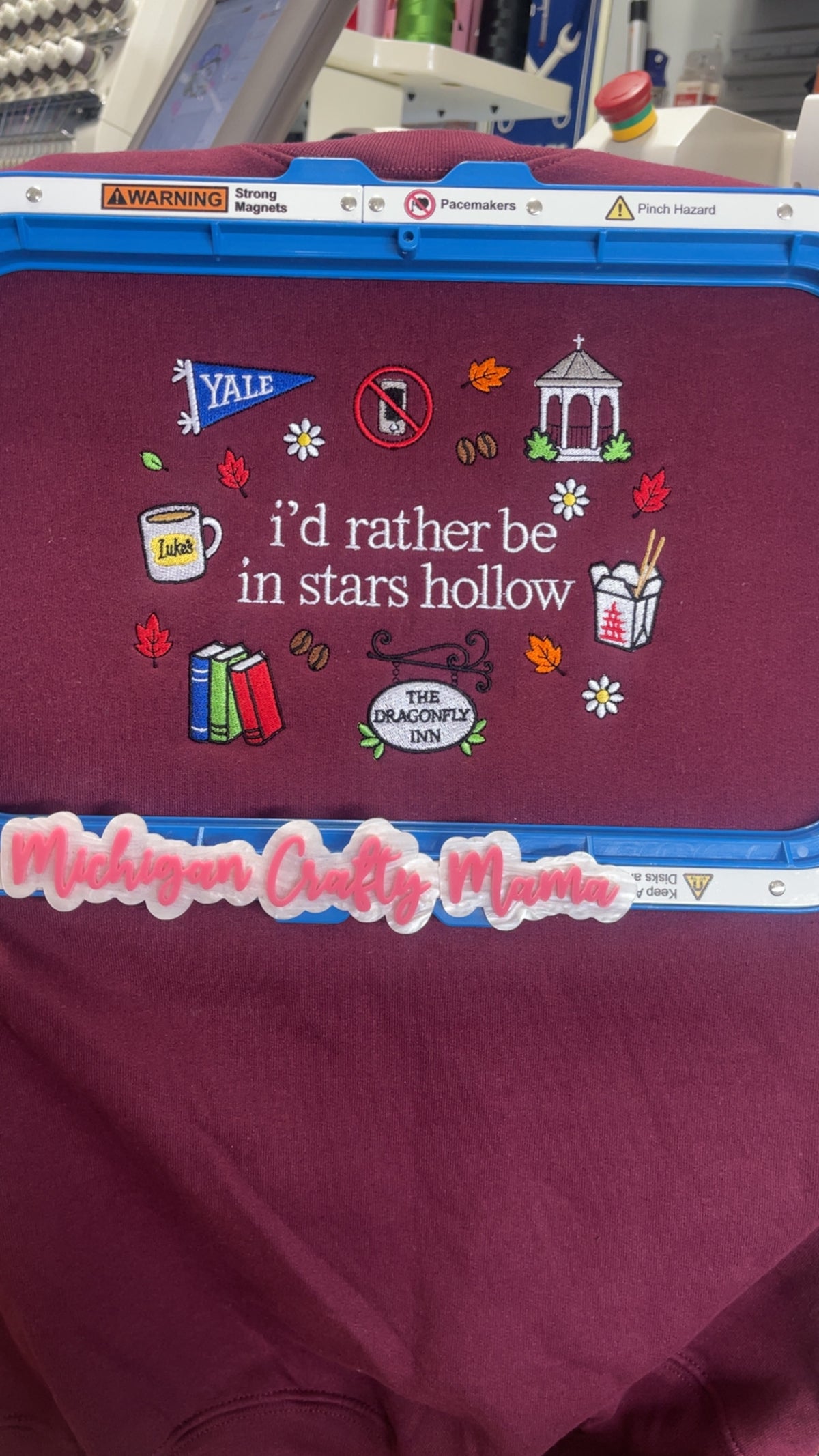 Brown burgundy embroidered small town fall sweatshirt