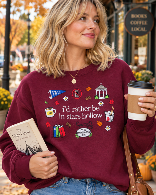 Model wearing Small Town Fall embroidered sweatshirt
